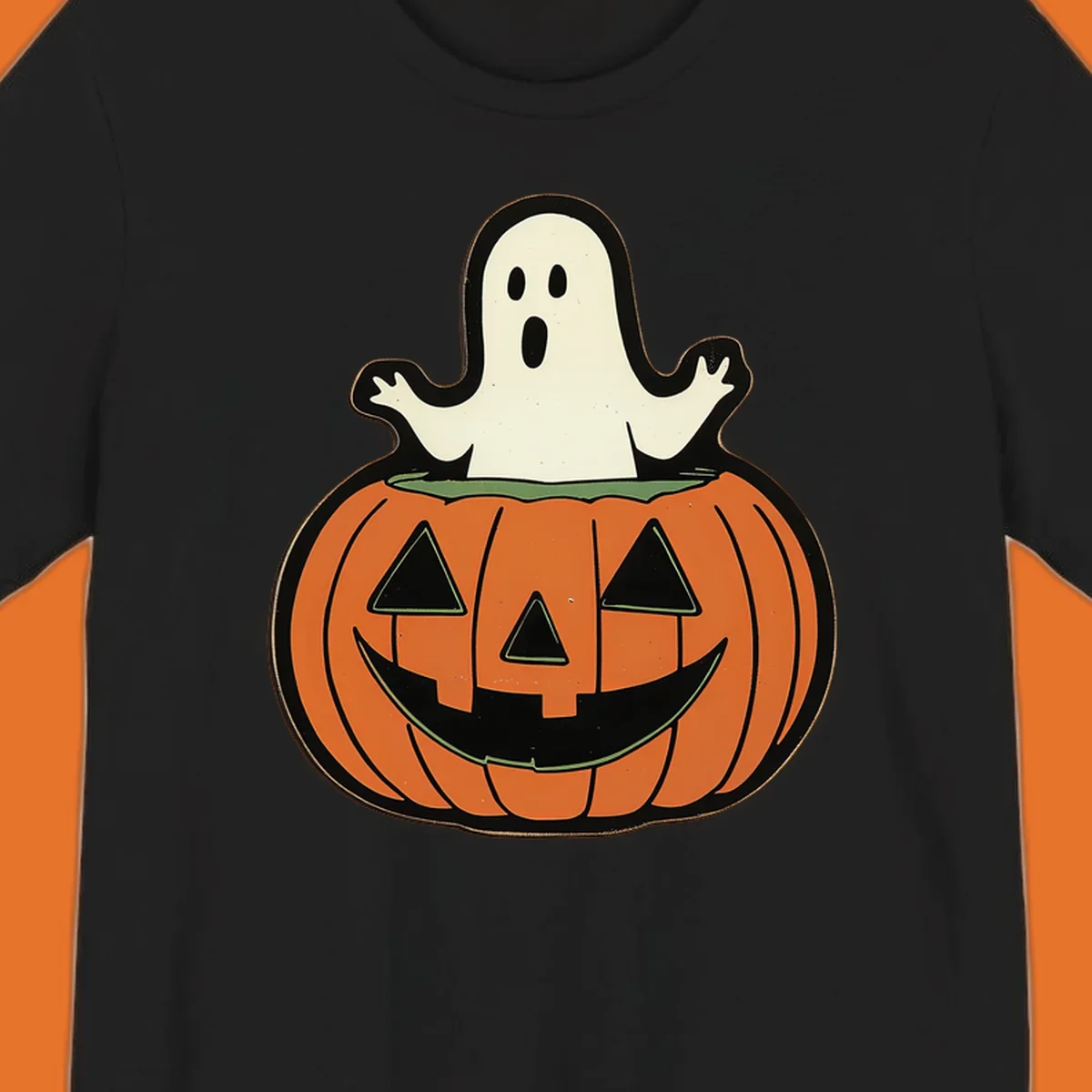 Halloween pumpkin with a ghost popping out, holiday graphic