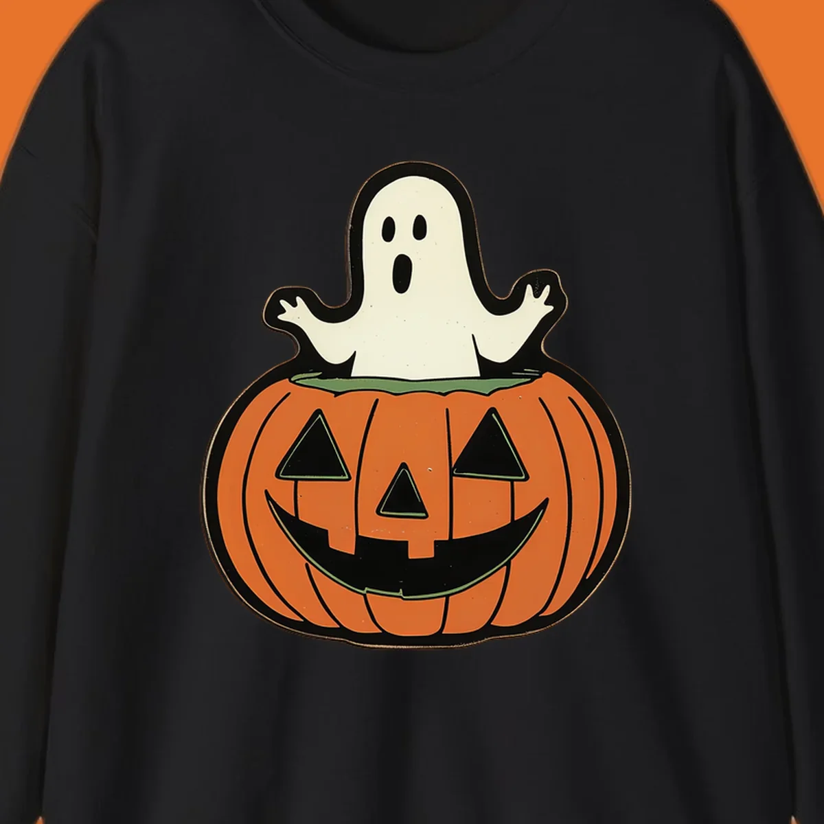 Halloween pumpkin with a ghost popping out, holiday graphic
