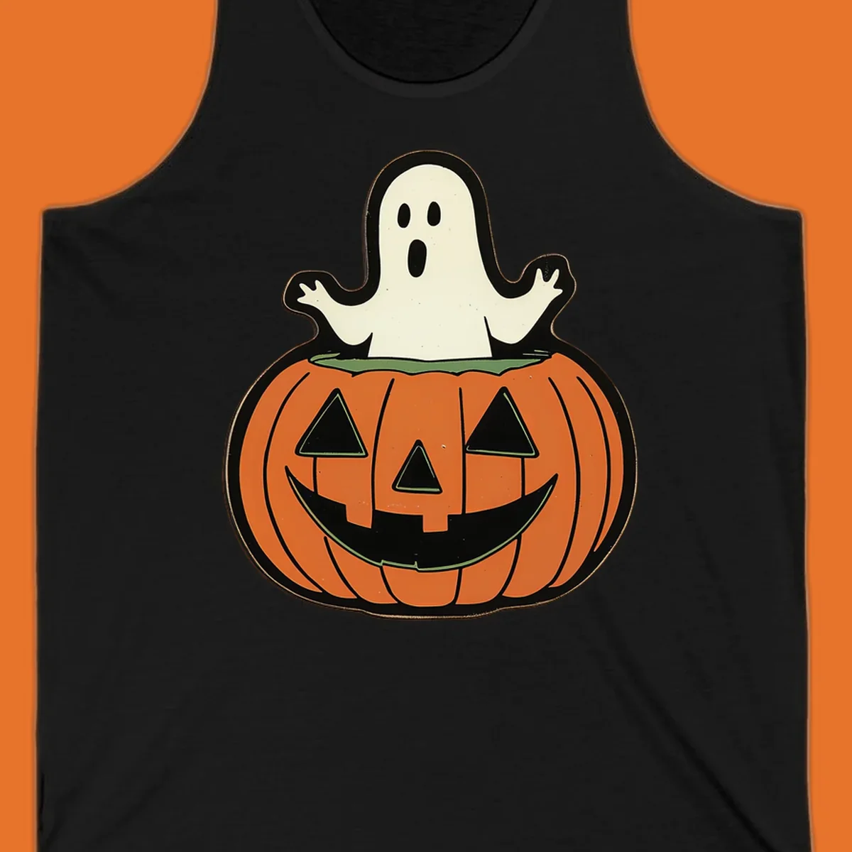 Halloween pumpkin with a ghost popping out, holiday graphic
