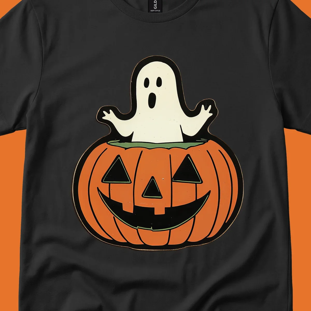 Halloween pumpkin with a ghost popping out, holiday graphic
