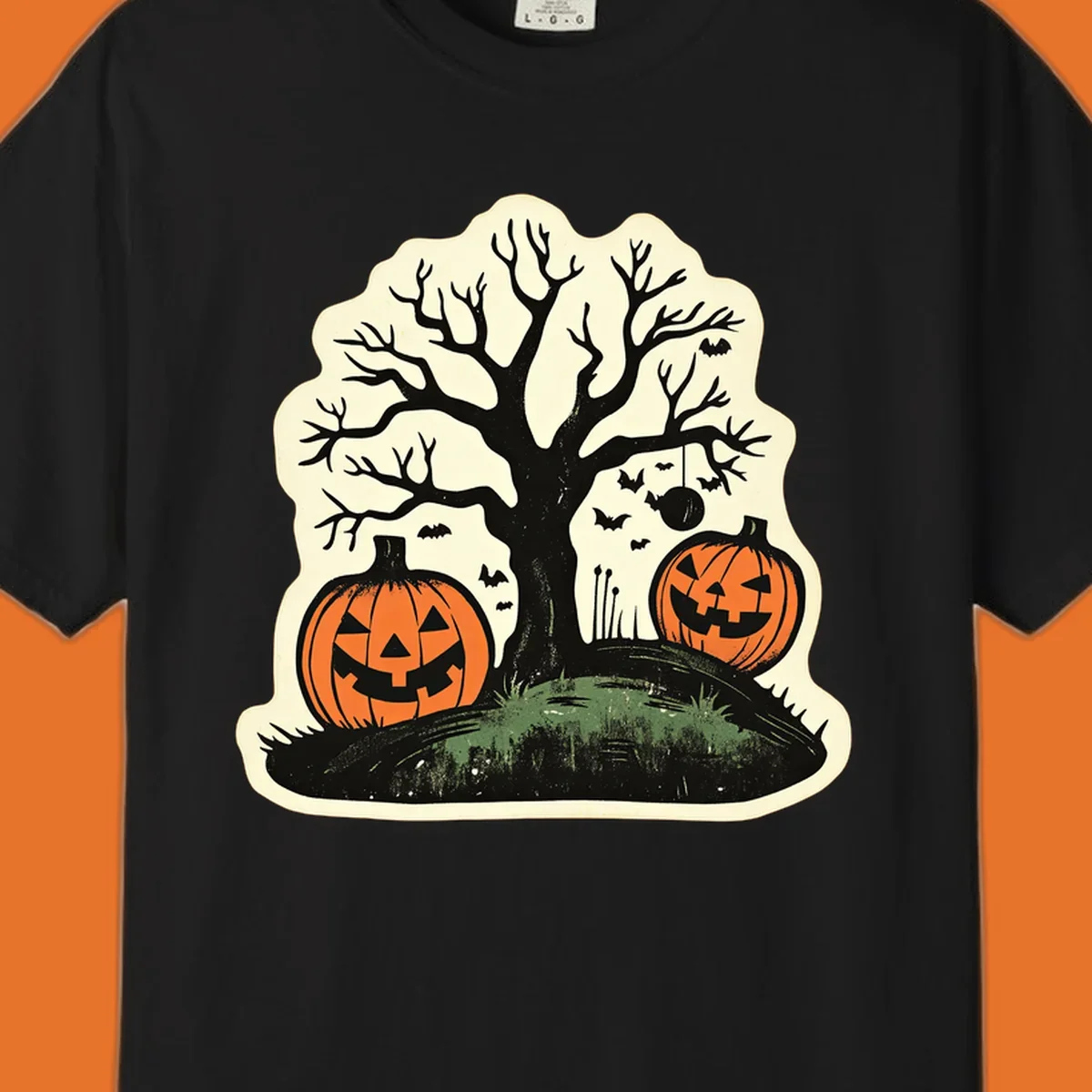 Halloween pumpkins and spooky tree illustration, vintage style graphic