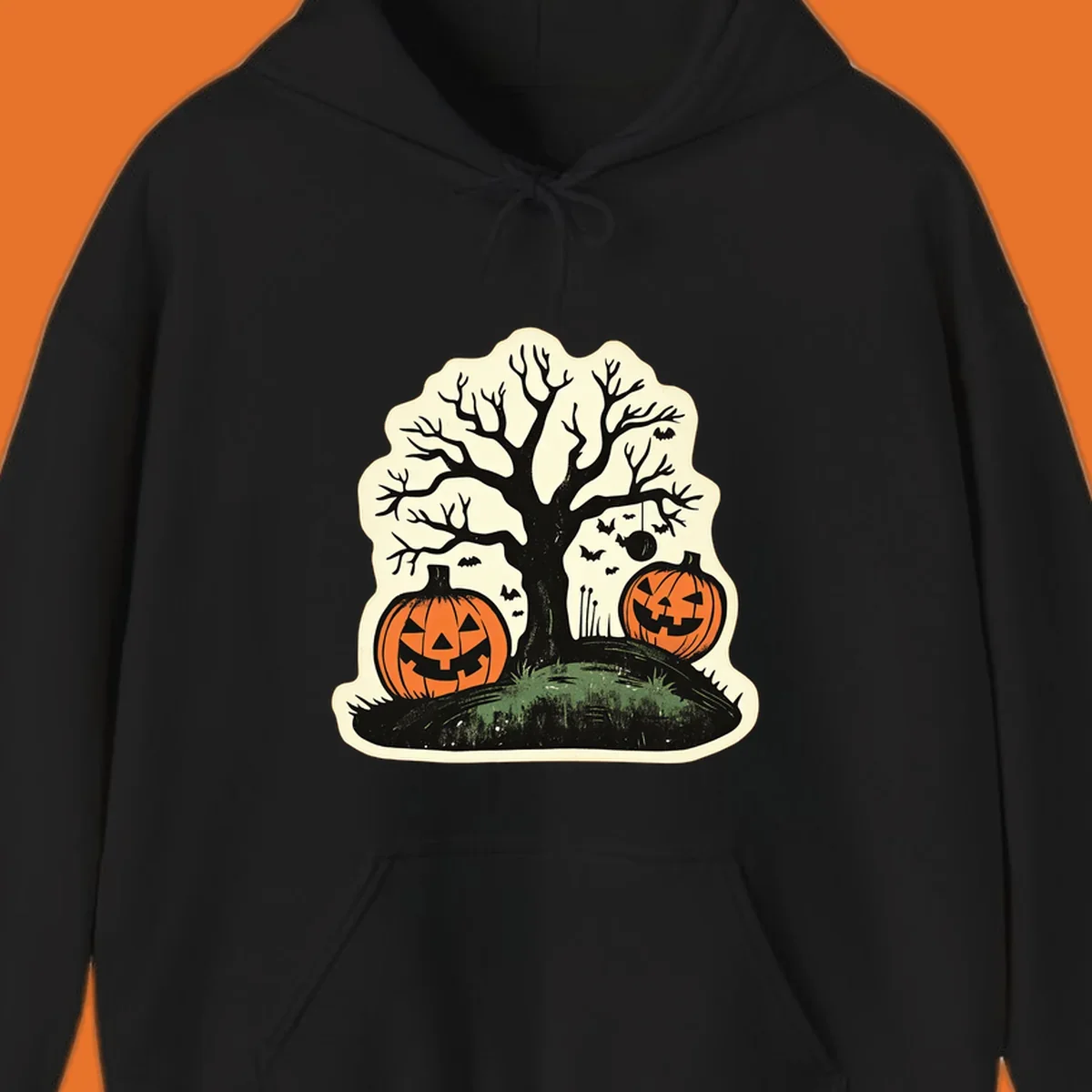 Halloween pumpkins and spooky tree illustration, vintage style graphic