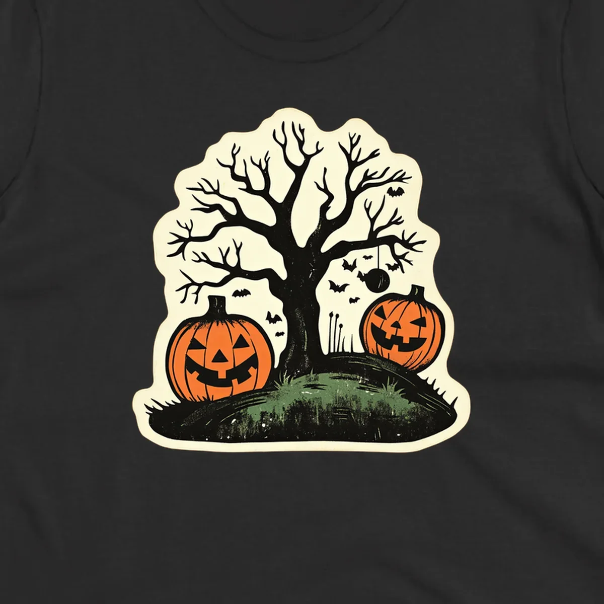 Halloween pumpkins and spooky tree illustration, vintage style graphic