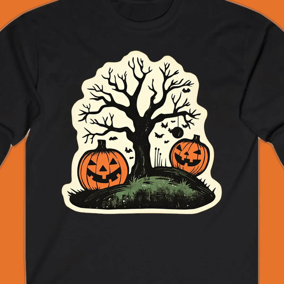 Halloween pumpkins and spooky tree illustration, vintage style graphic
