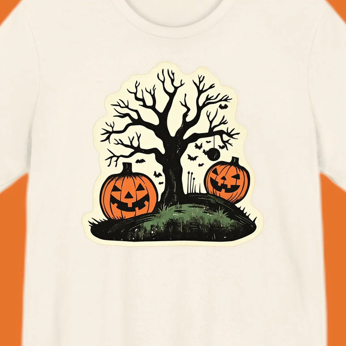 Halloween pumpkins and spooky tree illustration, vintage style graphic