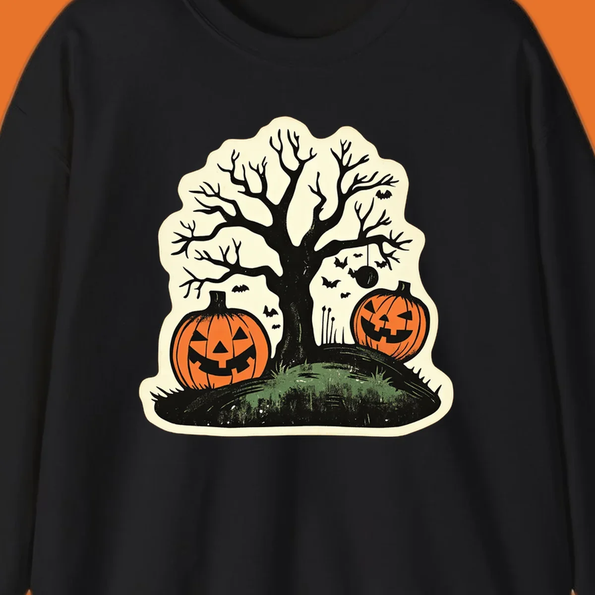 Halloween pumpkins and spooky tree illustration, vintage style graphic