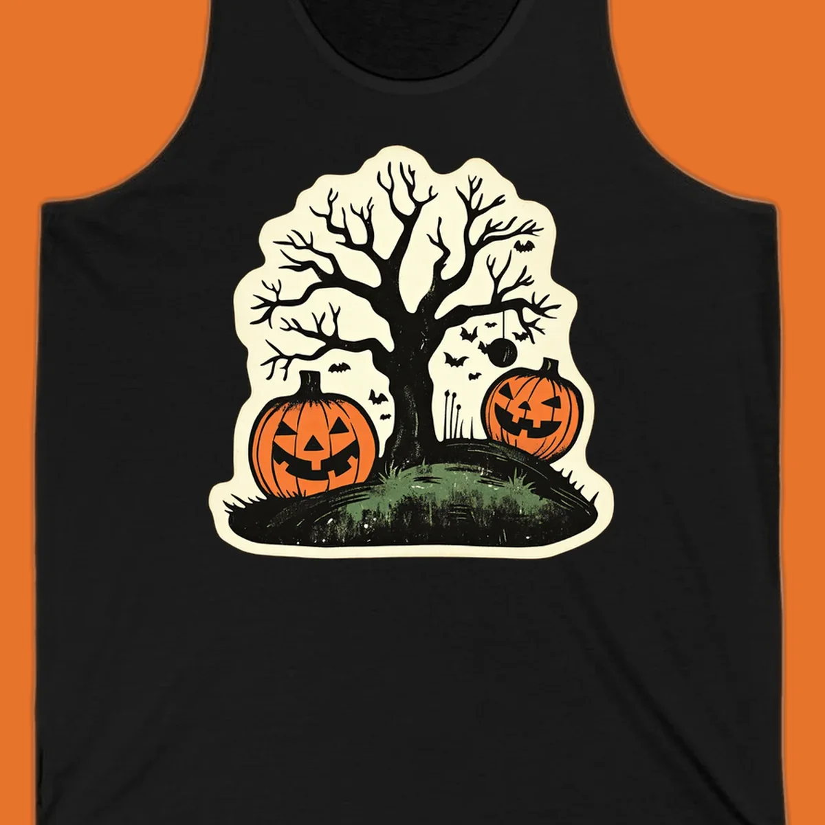 Halloween pumpkins and spooky tree illustration, vintage style graphic
