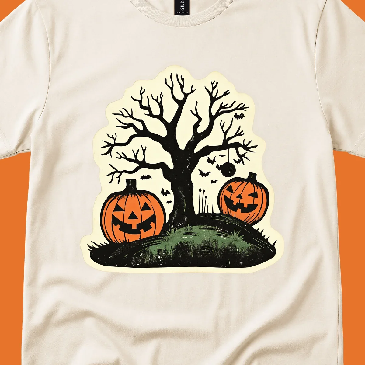 Halloween pumpkins and spooky tree illustration, vintage style graphic
