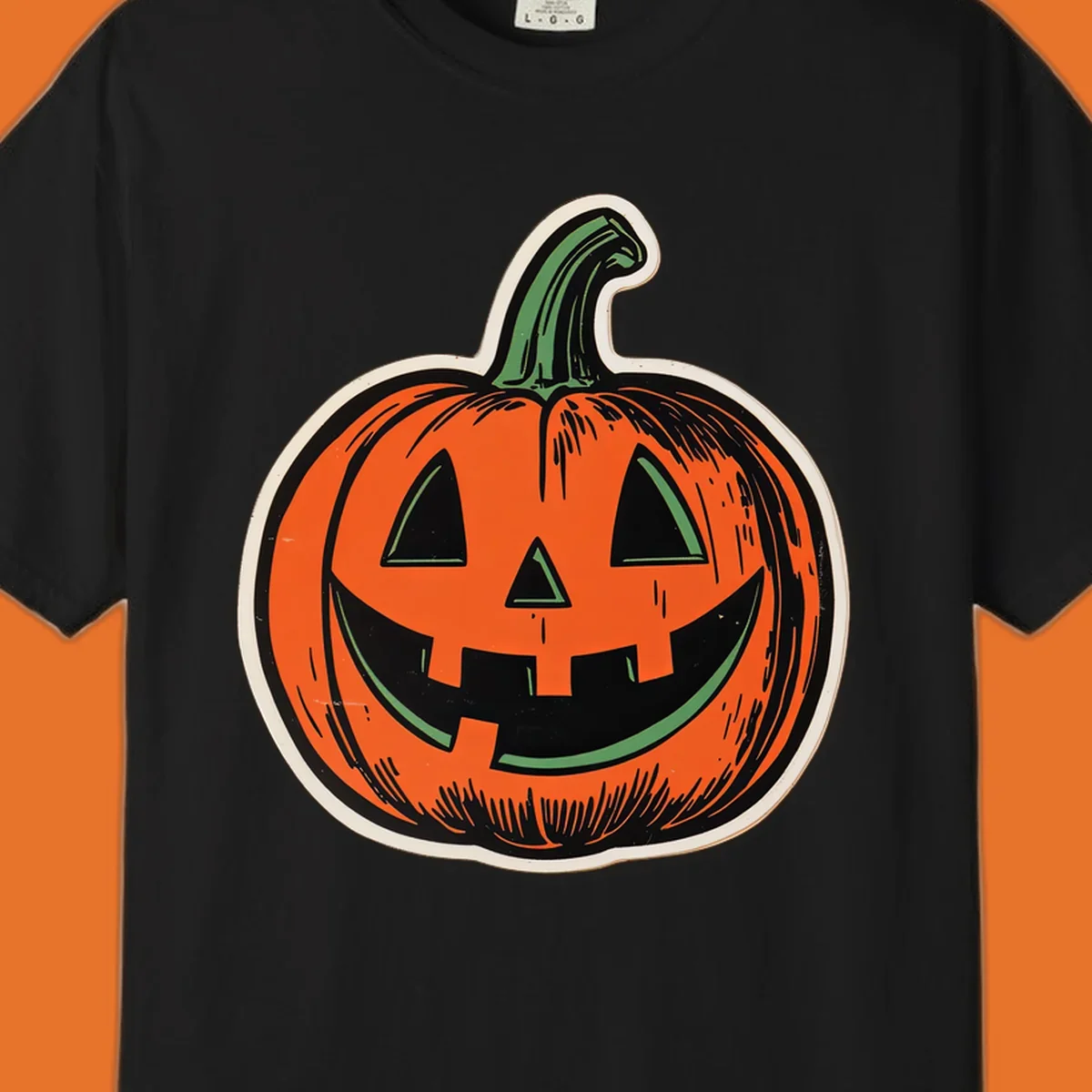Vintage halloween pumpkin face illustration with carved features.