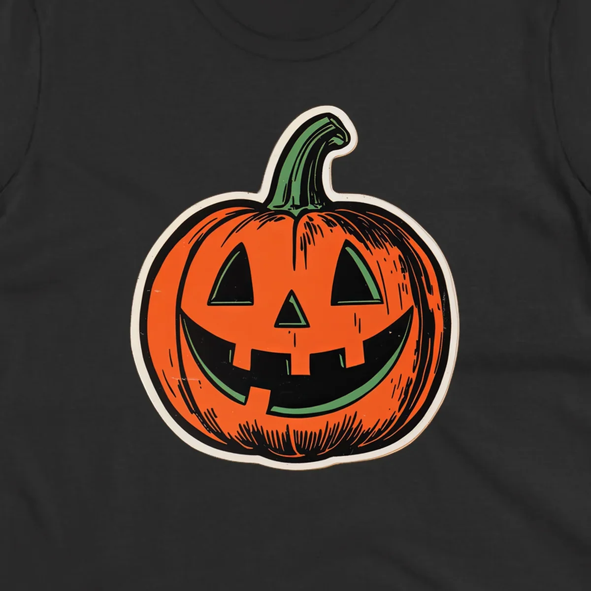 Vintage halloween pumpkin face illustration with carved features.