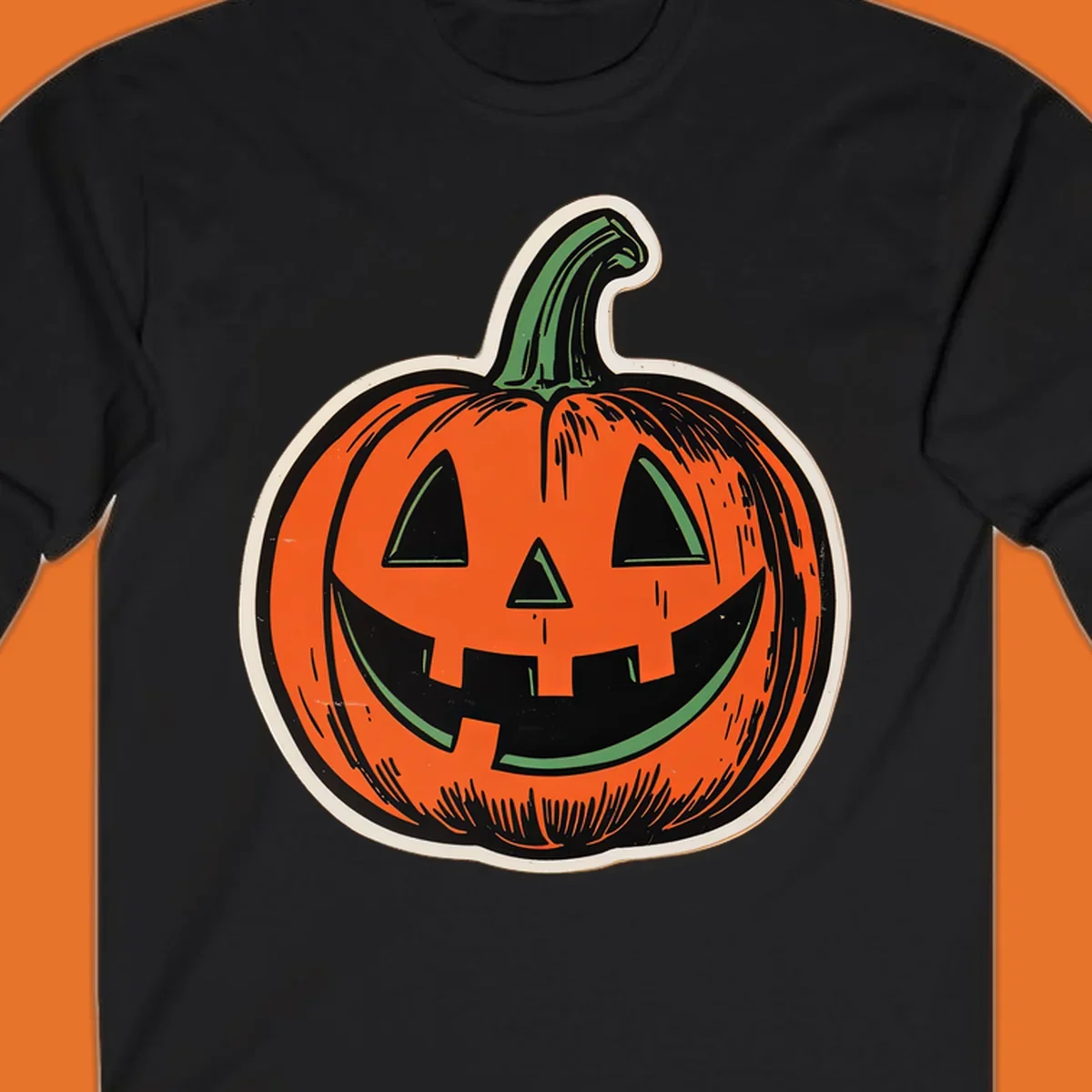 Vintage halloween pumpkin face illustration with carved features.