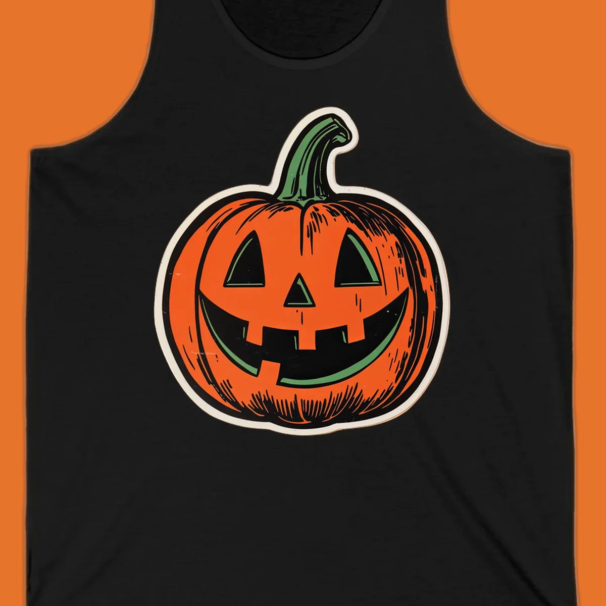 Vintage halloween pumpkin face illustration with carved features.