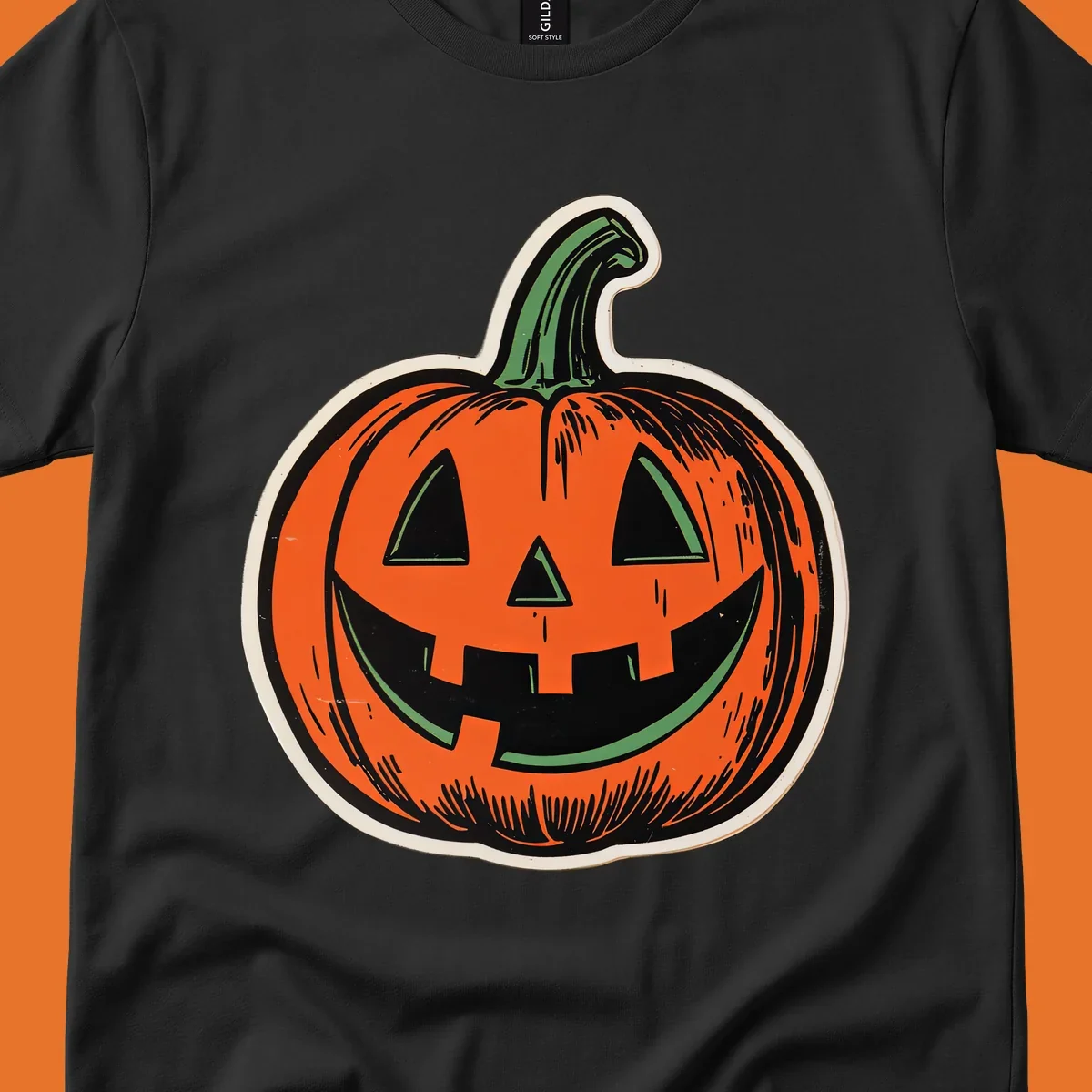 Vintage halloween pumpkin face illustration with carved features.