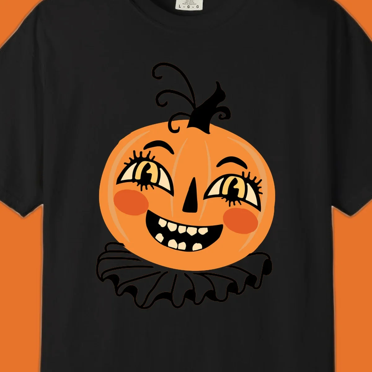 Happy jack o lantern illustration with a big smile and rosy cheeks, wearing a ruffled collar, for Halloween.