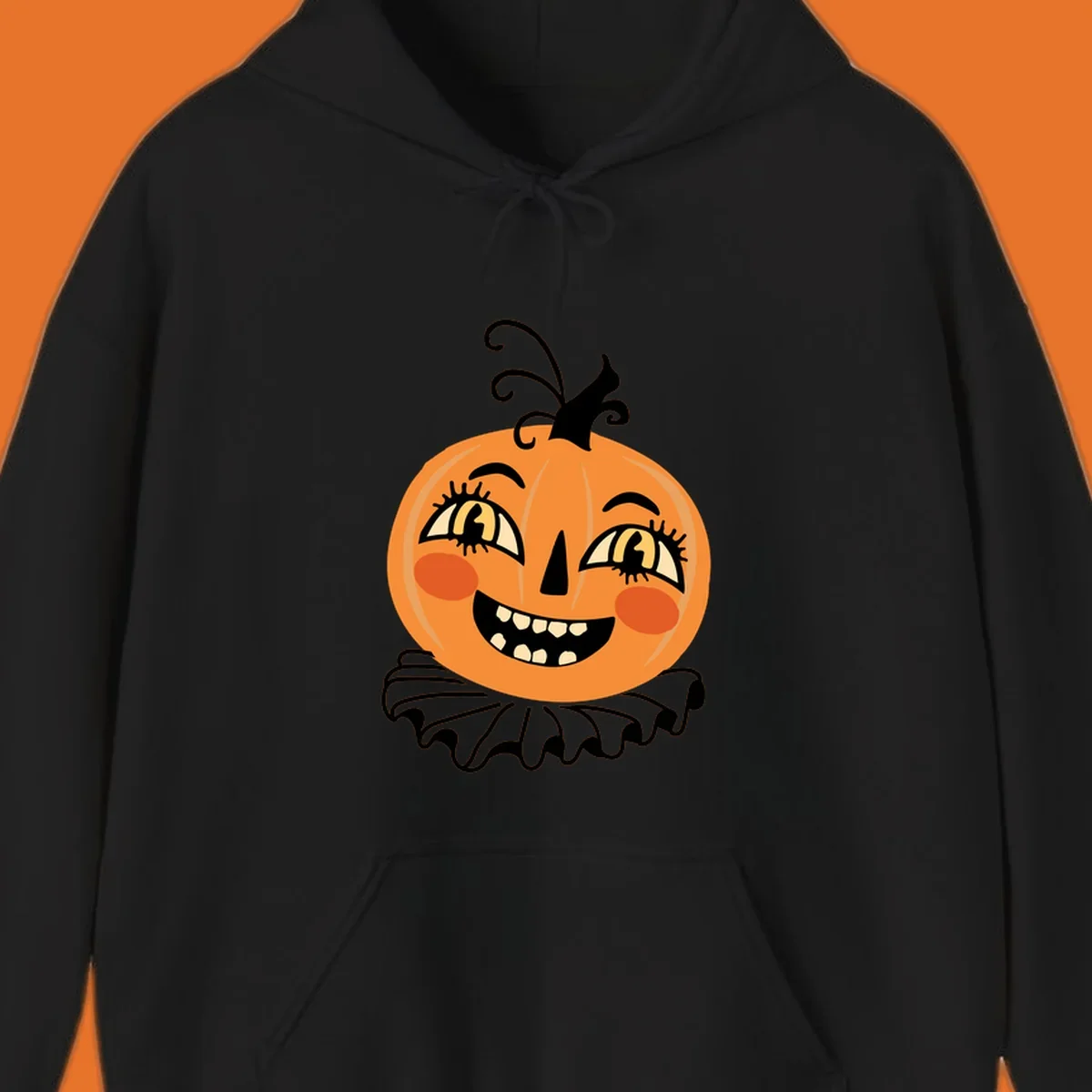 Happy jack o lantern illustration with a big smile and rosy cheeks, wearing a ruffled collar, for Halloween.