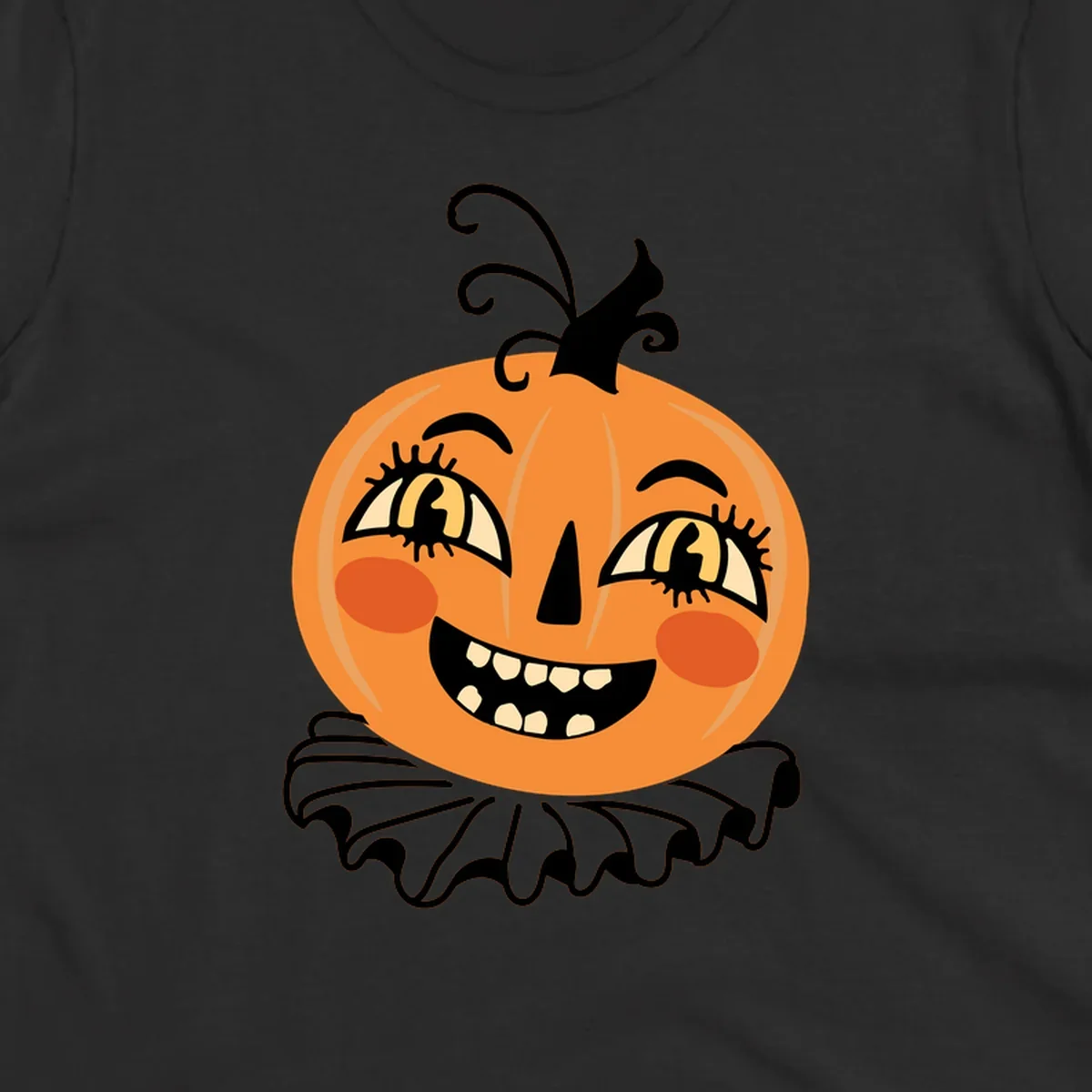 Happy jack o lantern illustration with a big smile and rosy cheeks, wearing a ruffled collar, for Halloween.