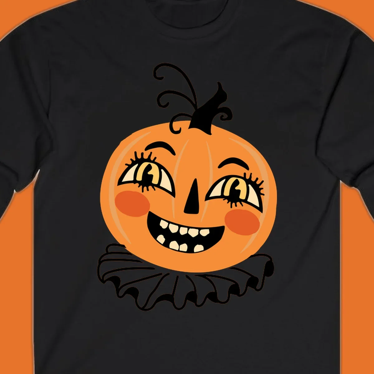 Happy jack o lantern illustration with a big smile and rosy cheeks, wearing a ruffled collar, for Halloween.