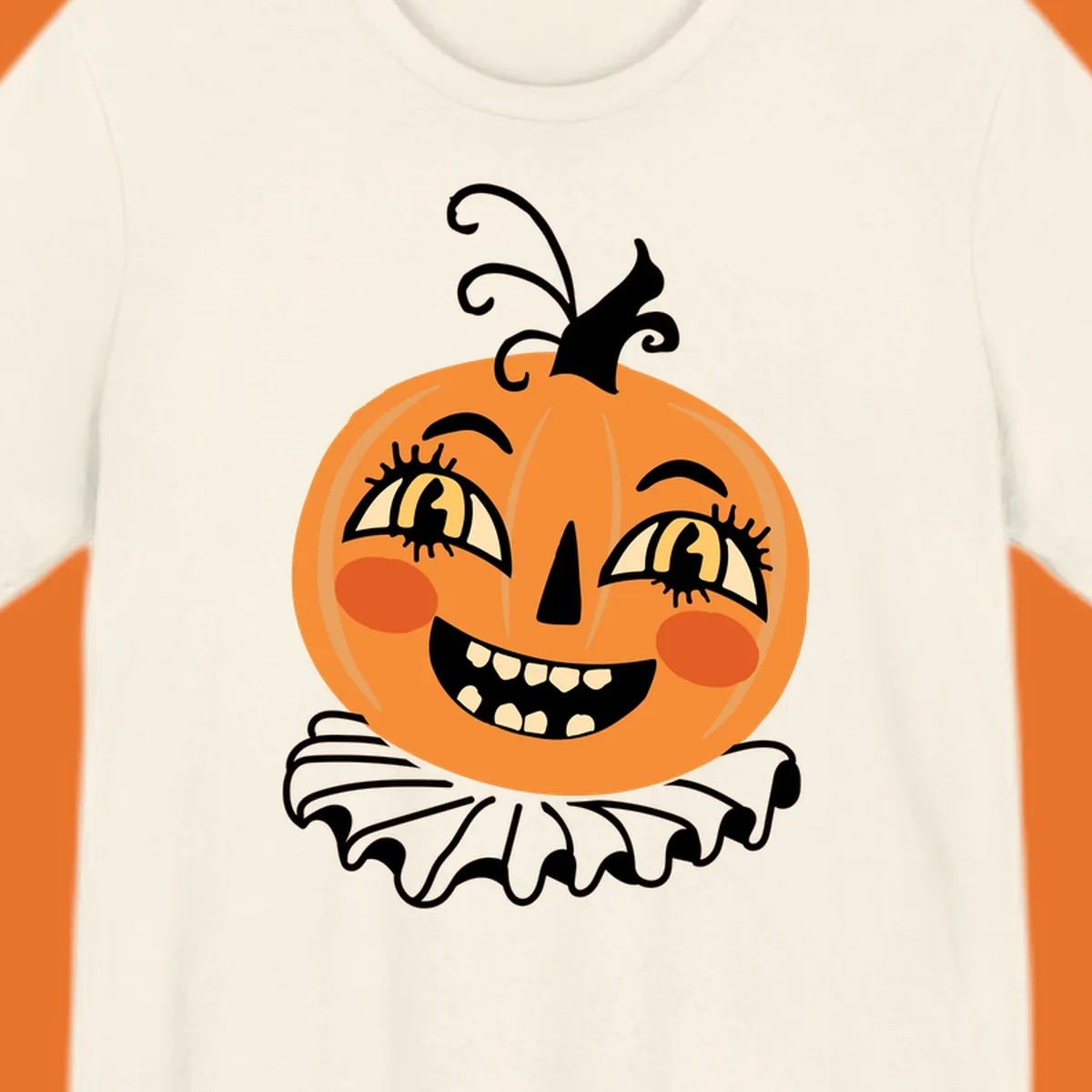 Happy jack o lantern illustration with a big smile and rosy cheeks, wearing a ruffled collar, for Halloween.