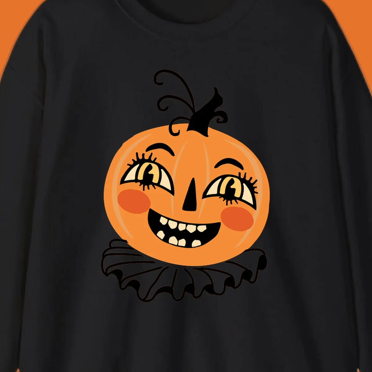 Happy jack o lantern illustration with a big smile and rosy cheeks, wearing a ruffled collar, for Halloween.