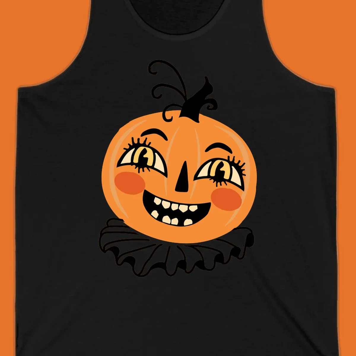 Happy jack o lantern illustration with a big smile and rosy cheeks, wearing a ruffled collar, for Halloween.