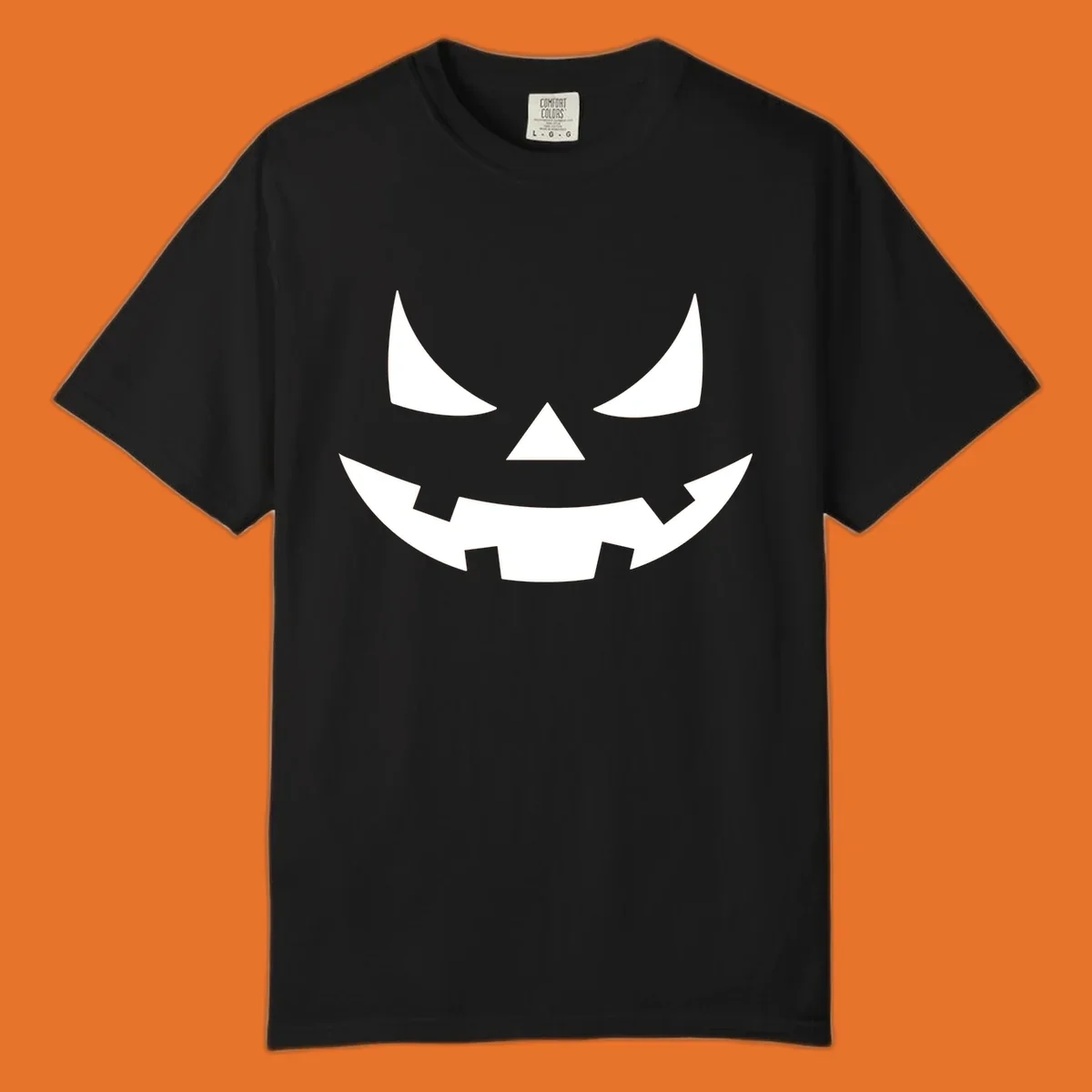 Spooky jack-o-lantern face illustration with angled eyes and jagged smile, for Halloween.