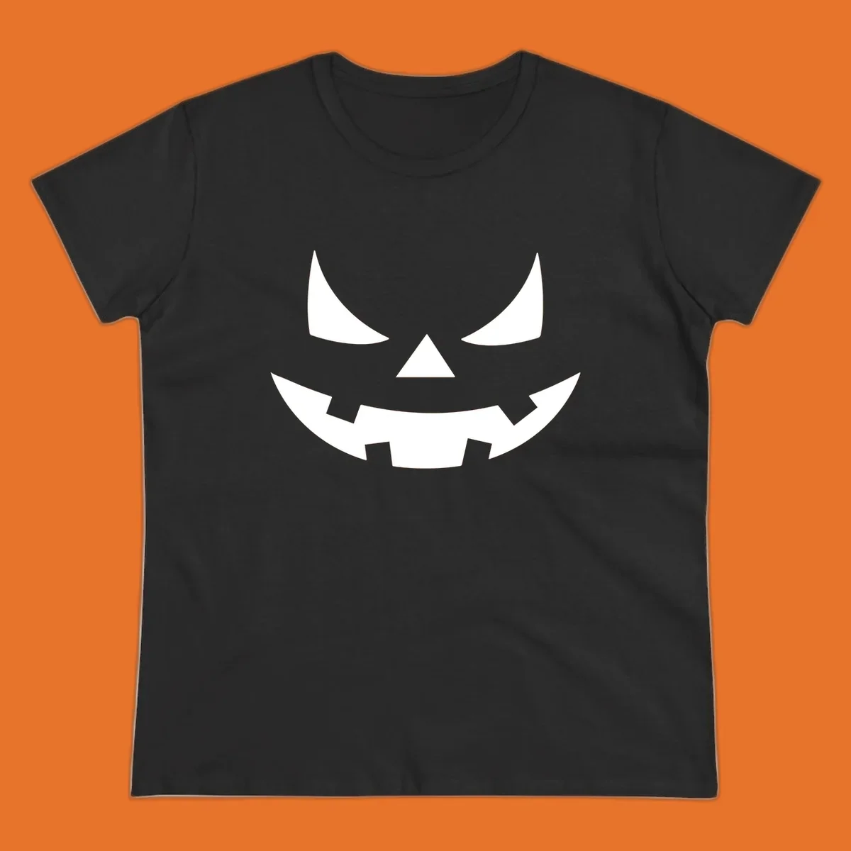 Spooky jack-o-lantern face illustration with angled eyes and jagged smile, for Halloween.