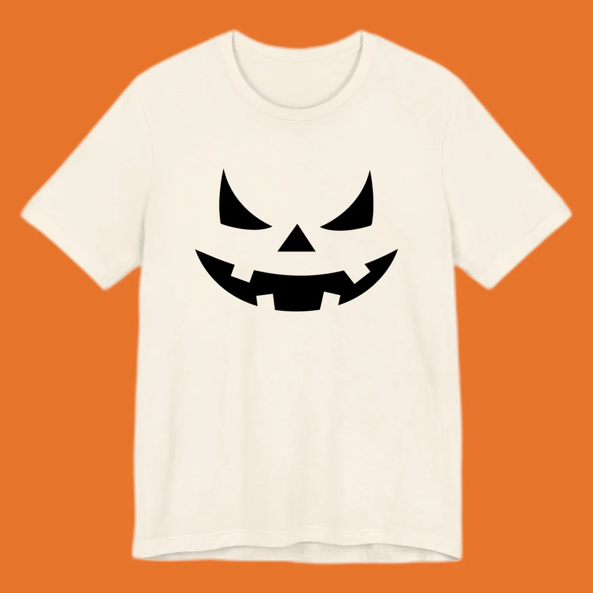 Spooky jack-o-lantern face illustration with angled eyes and jagged smile, for Halloween.