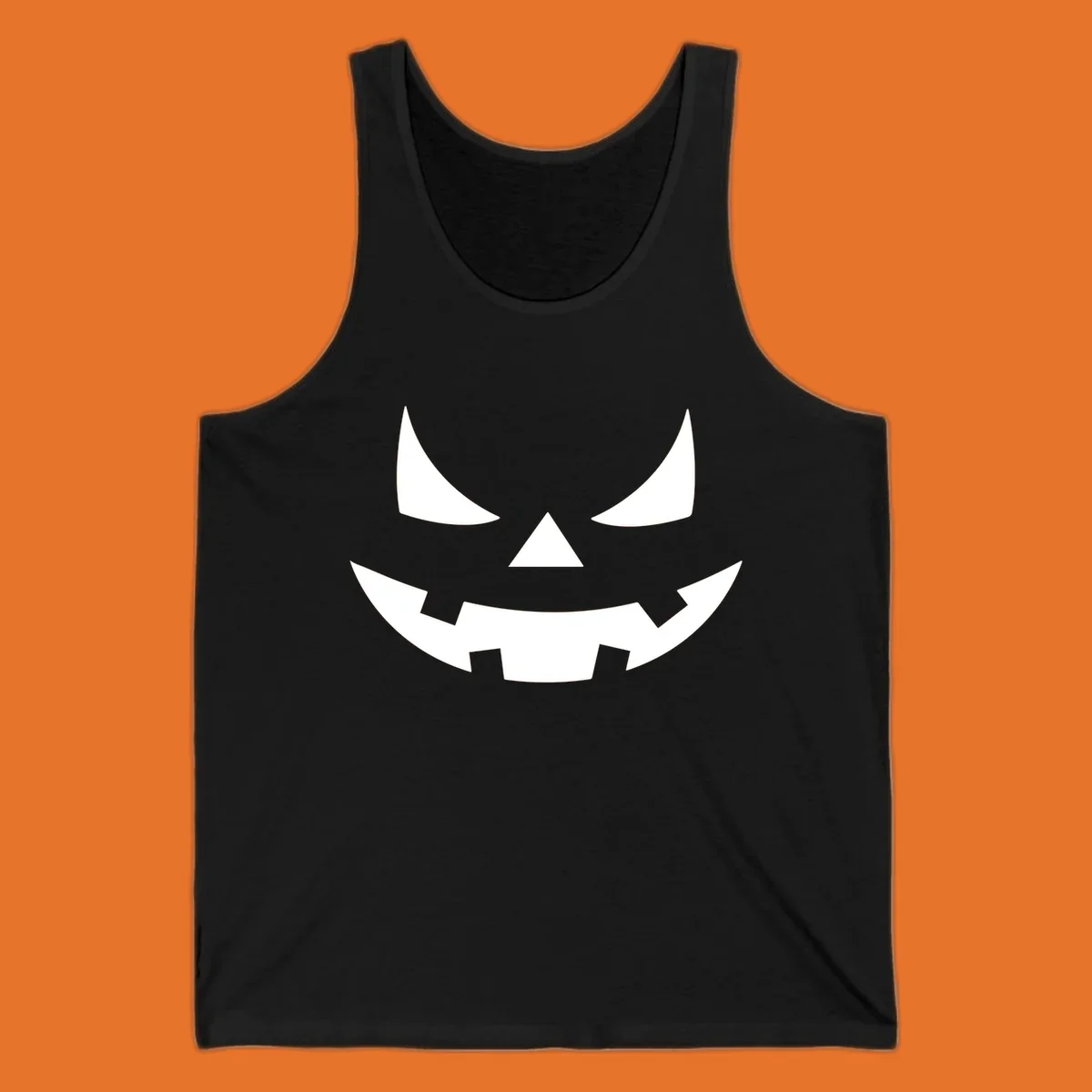 Spooky jack-o-lantern face illustration with angled eyes and jagged smile, for Halloween.