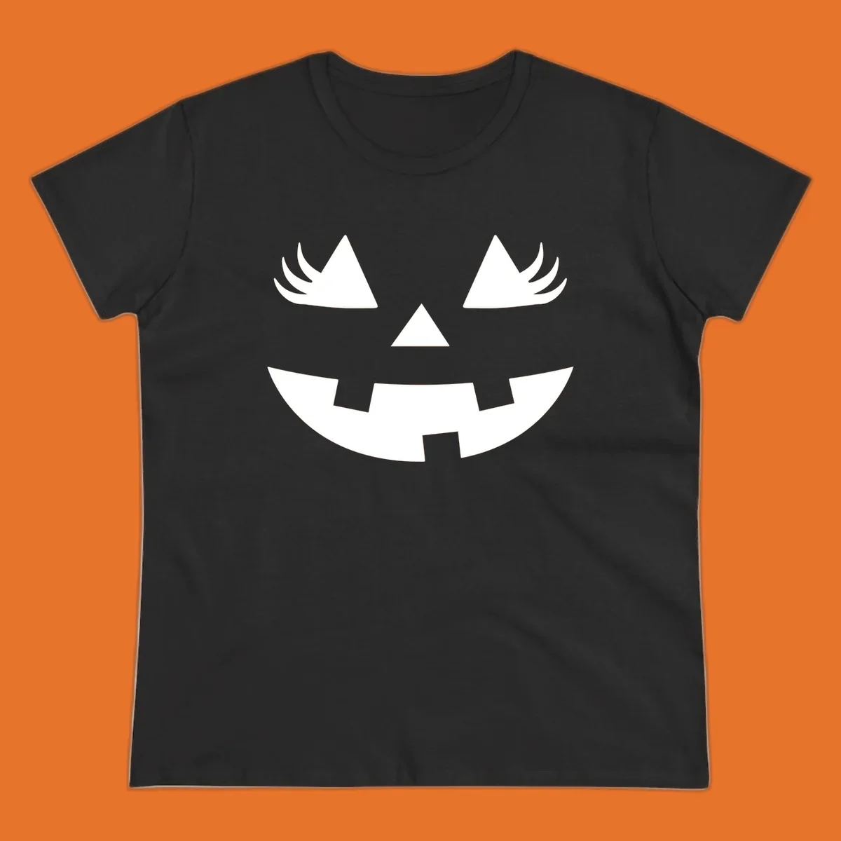 Jack o' lantern face with triangle eyes, nose, and jagged smile, featuring eyelashes.