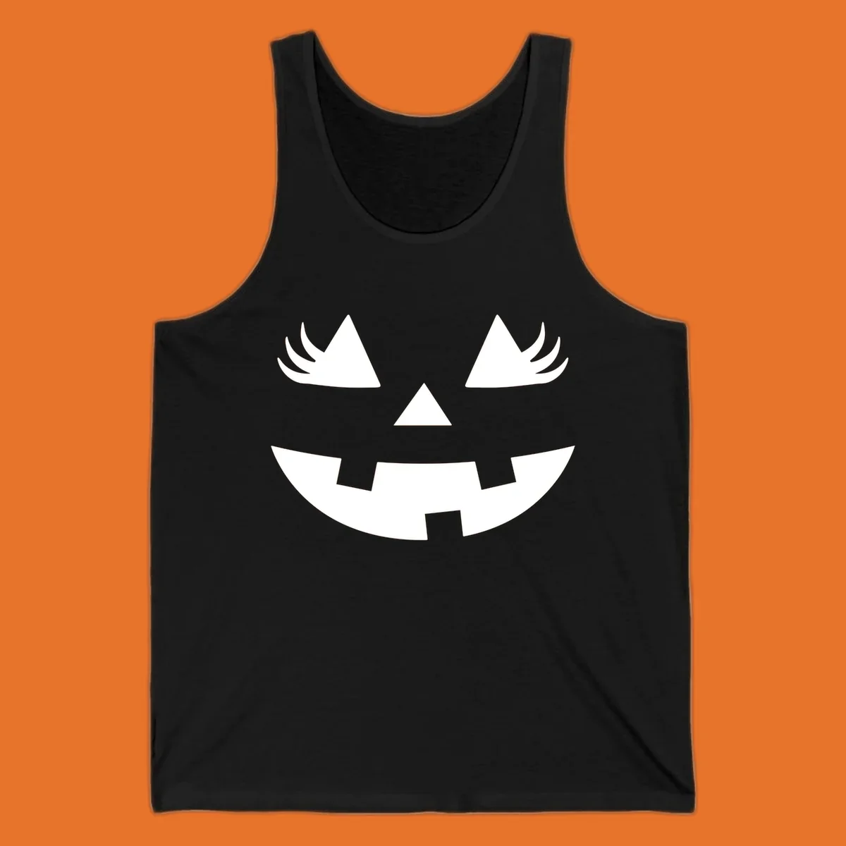 Jack o' lantern face with triangle eyes, nose, and jagged smile, featuring eyelashes.