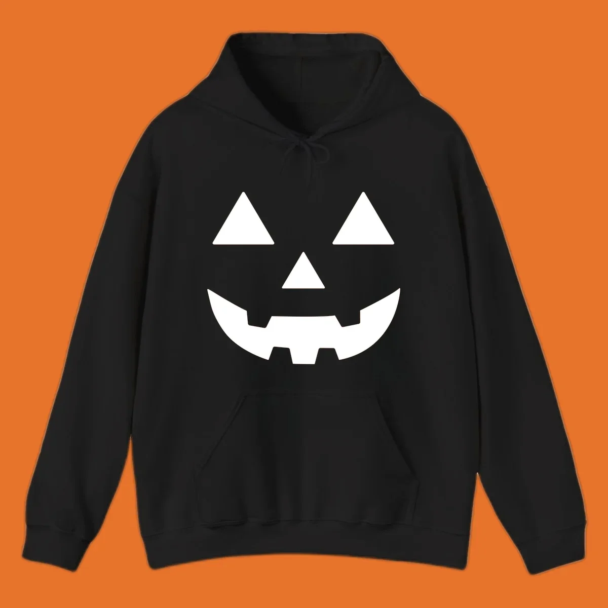 Classic Jack O' Lantern face with triangle eyes, nose, and jagged smile, rendered in white on black and black on white.