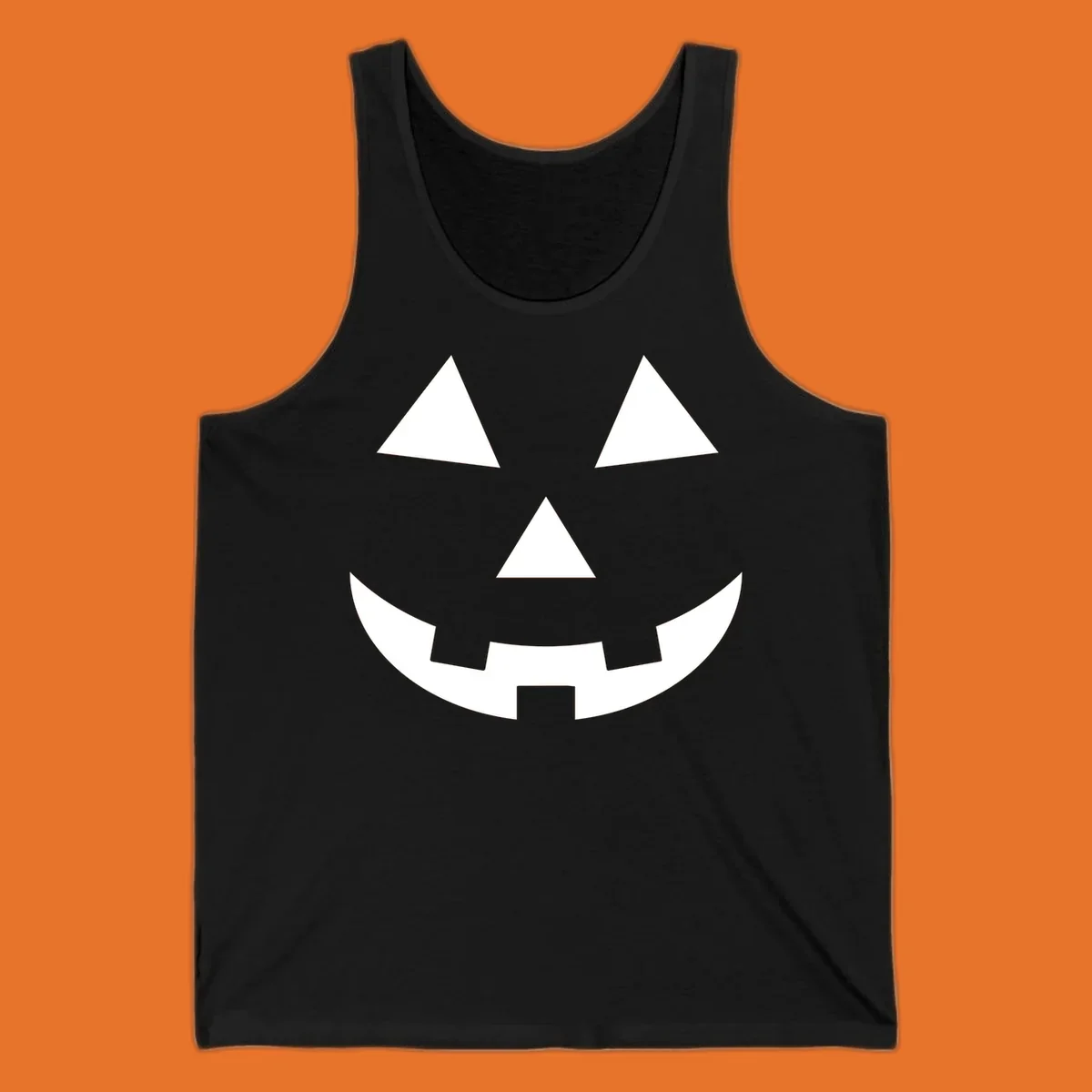 Classic jack o lantern face graphic with triangle eyes and jagged smile. Halloween design.