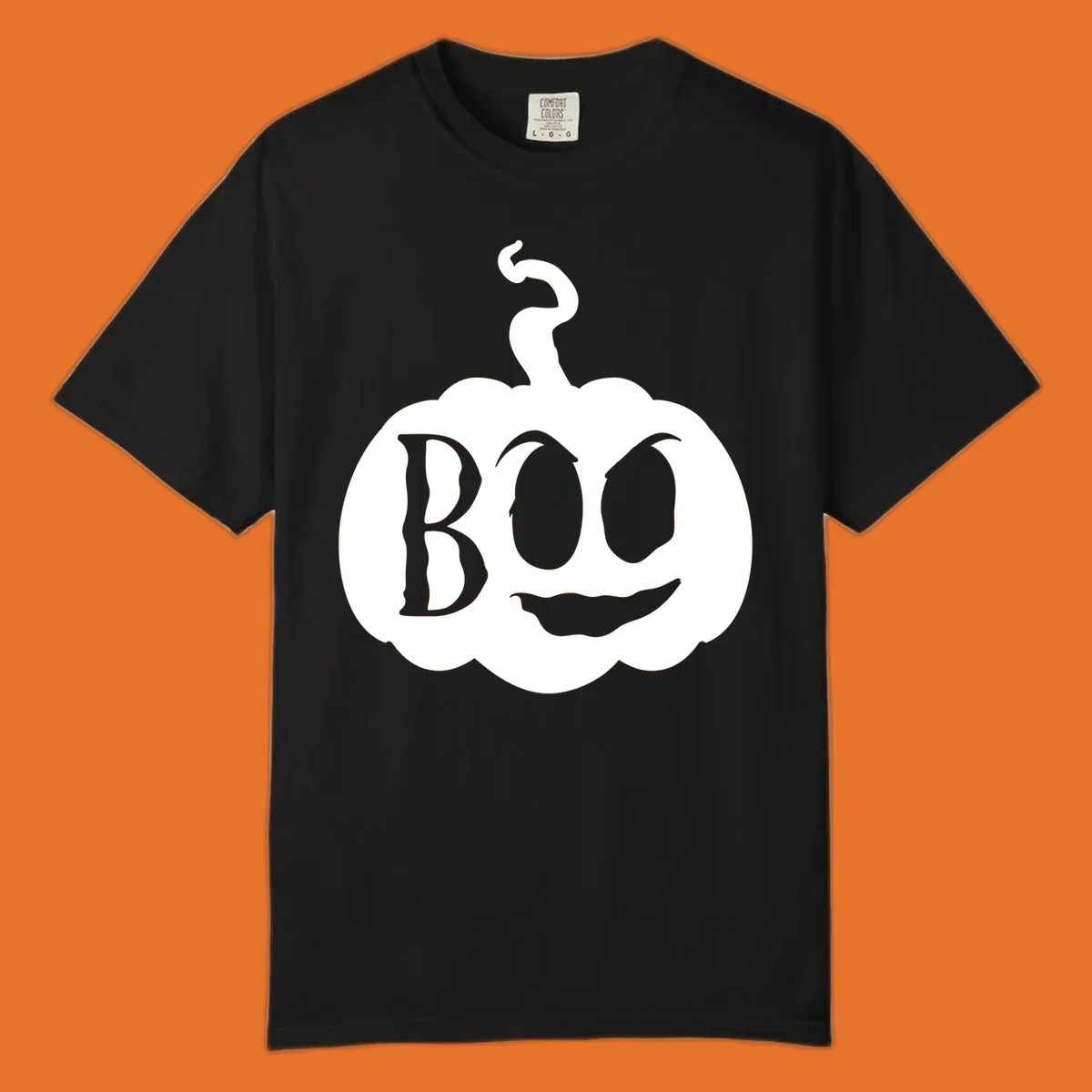 Spooky boo pumpkin face illustration with text, Halloween theme.