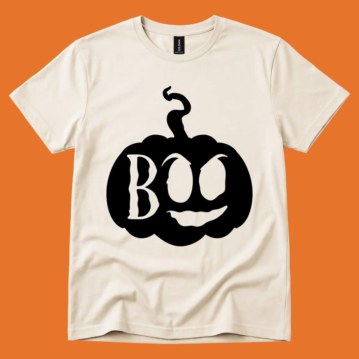 Spooky boo pumpkin face illustration with text, Halloween theme.