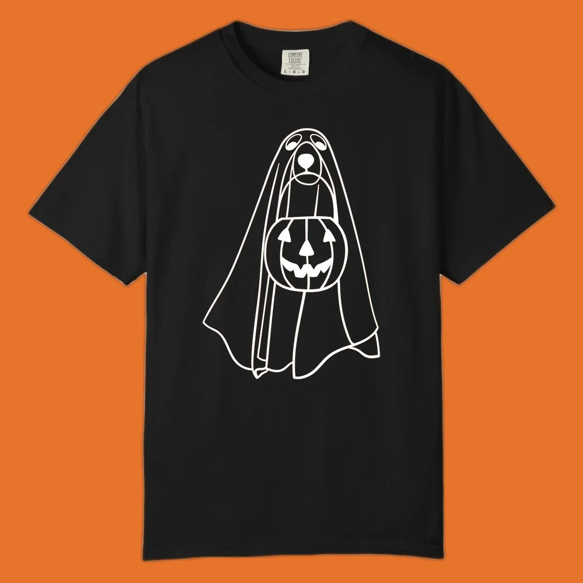 Line art of a dog dressed as a ghost holding a pumpkin candy bucket for Halloween.