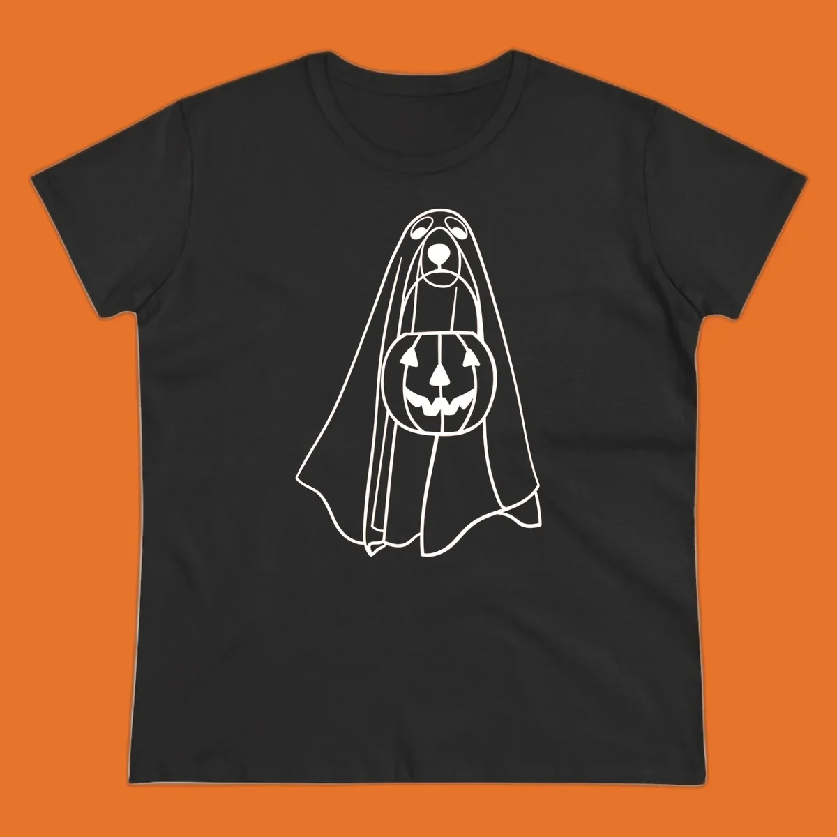Line art of a dog dressed as a ghost holding a pumpkin candy bucket for Halloween.