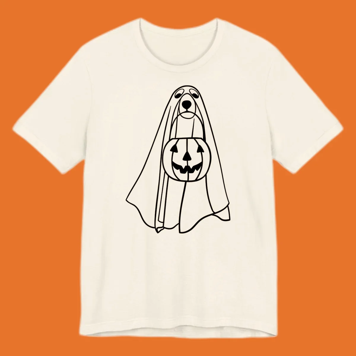 Line art of a dog dressed as a ghost holding a pumpkin candy bucket for Halloween.