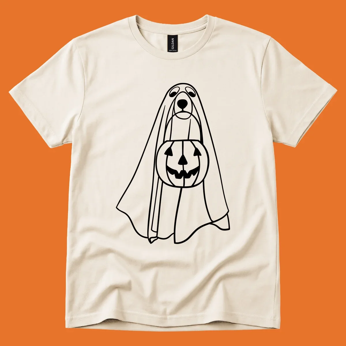 Line art of a dog dressed as a ghost holding a pumpkin candy bucket for Halloween.