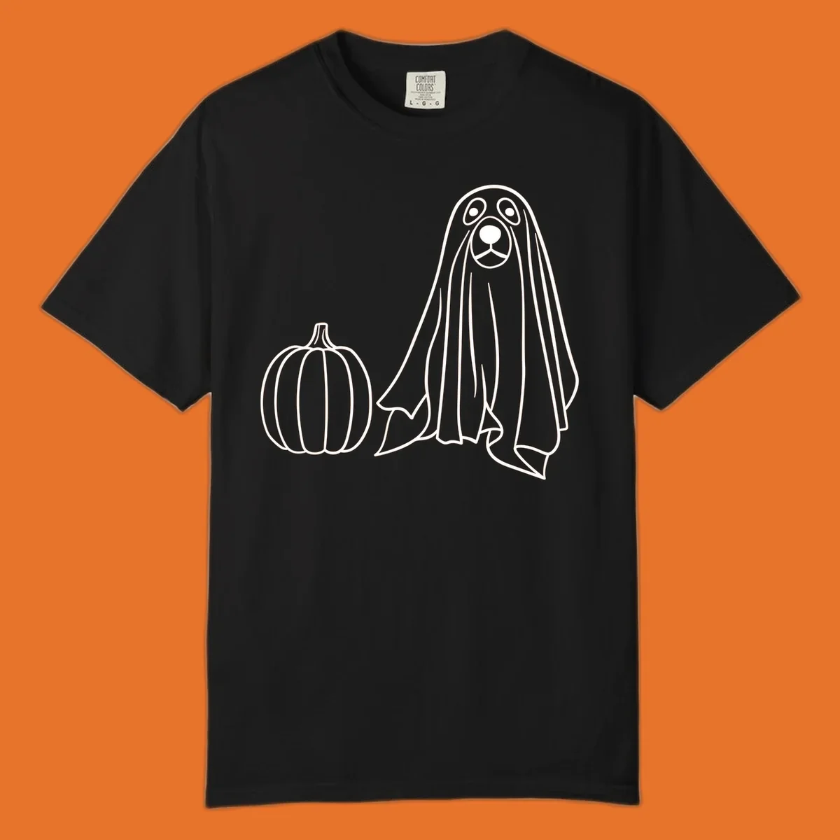 Dog ghost costume with pumpkin illustration, dog-ghost-halloween