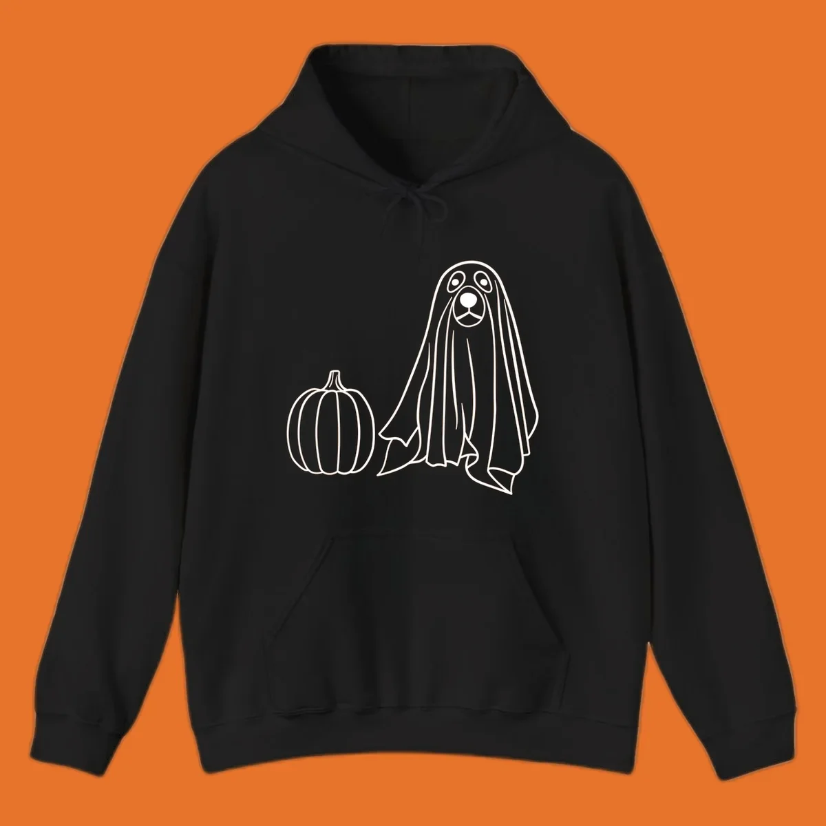 Dog ghost costume with pumpkin illustration, dog-ghost-halloween