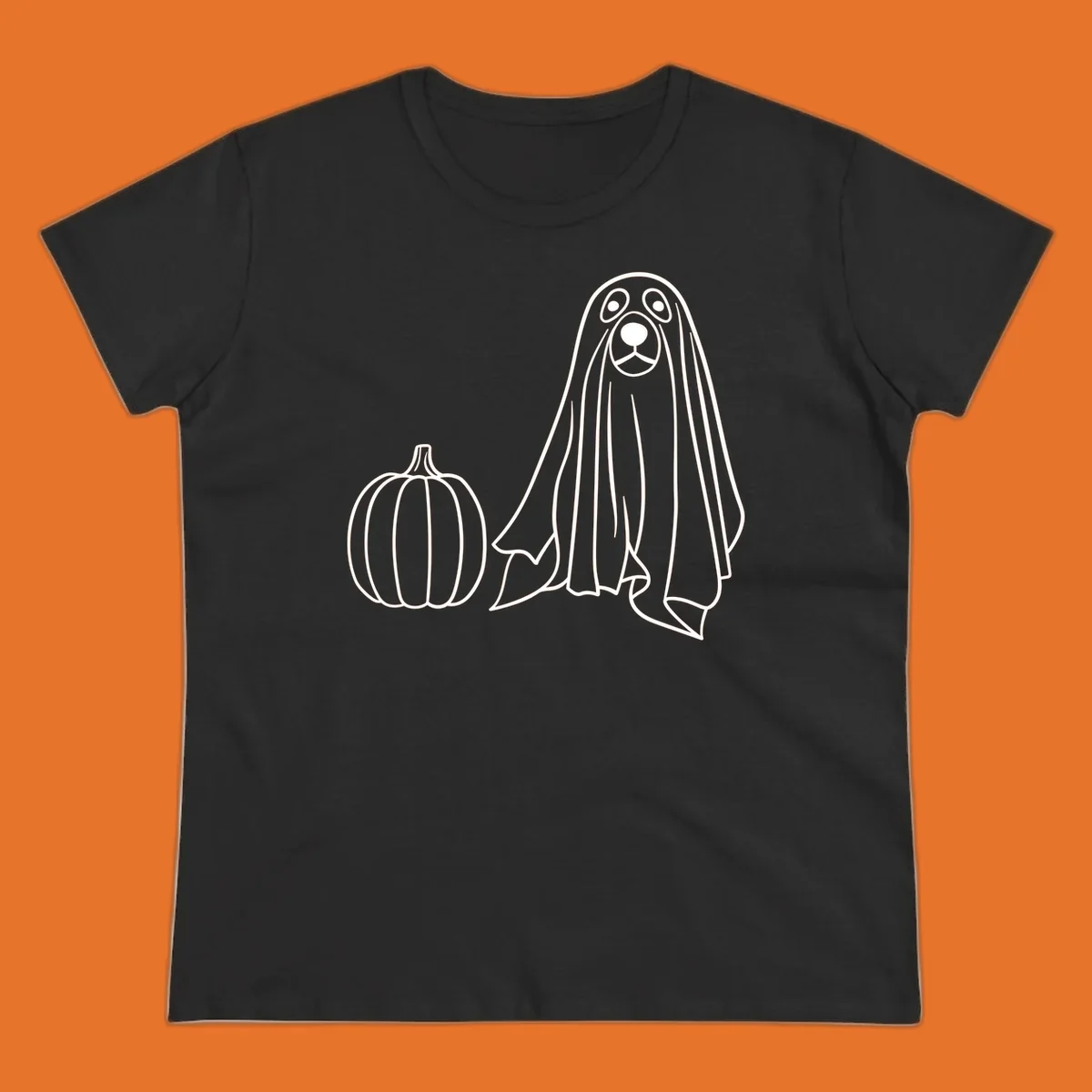 Dog ghost costume with pumpkin illustration, dog-ghost-halloween