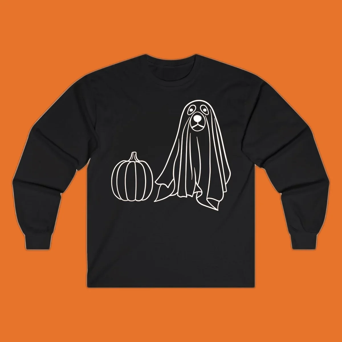 Dog ghost costume with pumpkin illustration, dog-ghost-halloween