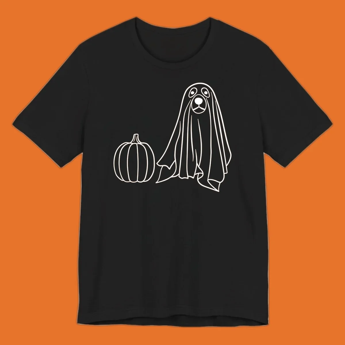 Dog ghost costume with pumpkin illustration, dog-ghost-halloween