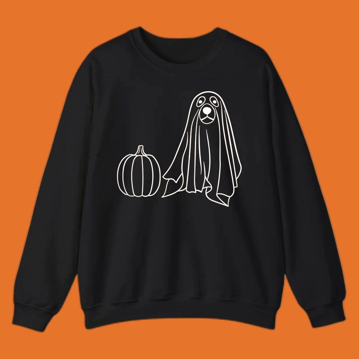 Dog ghost costume with pumpkin illustration, dog-ghost-halloween
