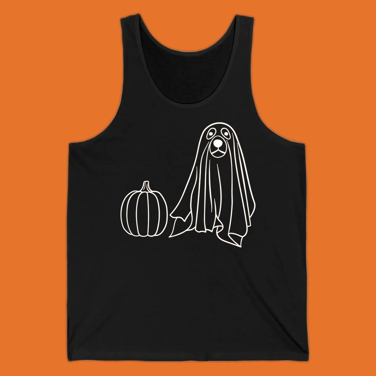 Dog ghost costume with pumpkin illustration, dog-ghost-halloween