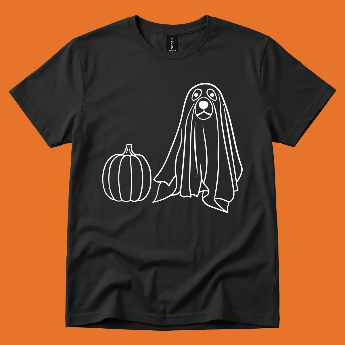 Dog ghost costume with pumpkin illustration, dog-ghost-halloween