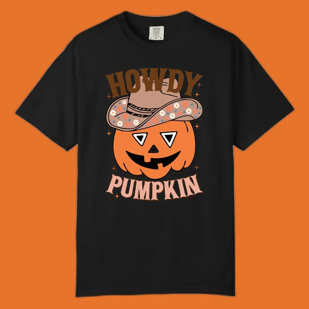 Howdy Pumpkin cowboy hat illustration for Halloween, with retro-style text and floral accents.