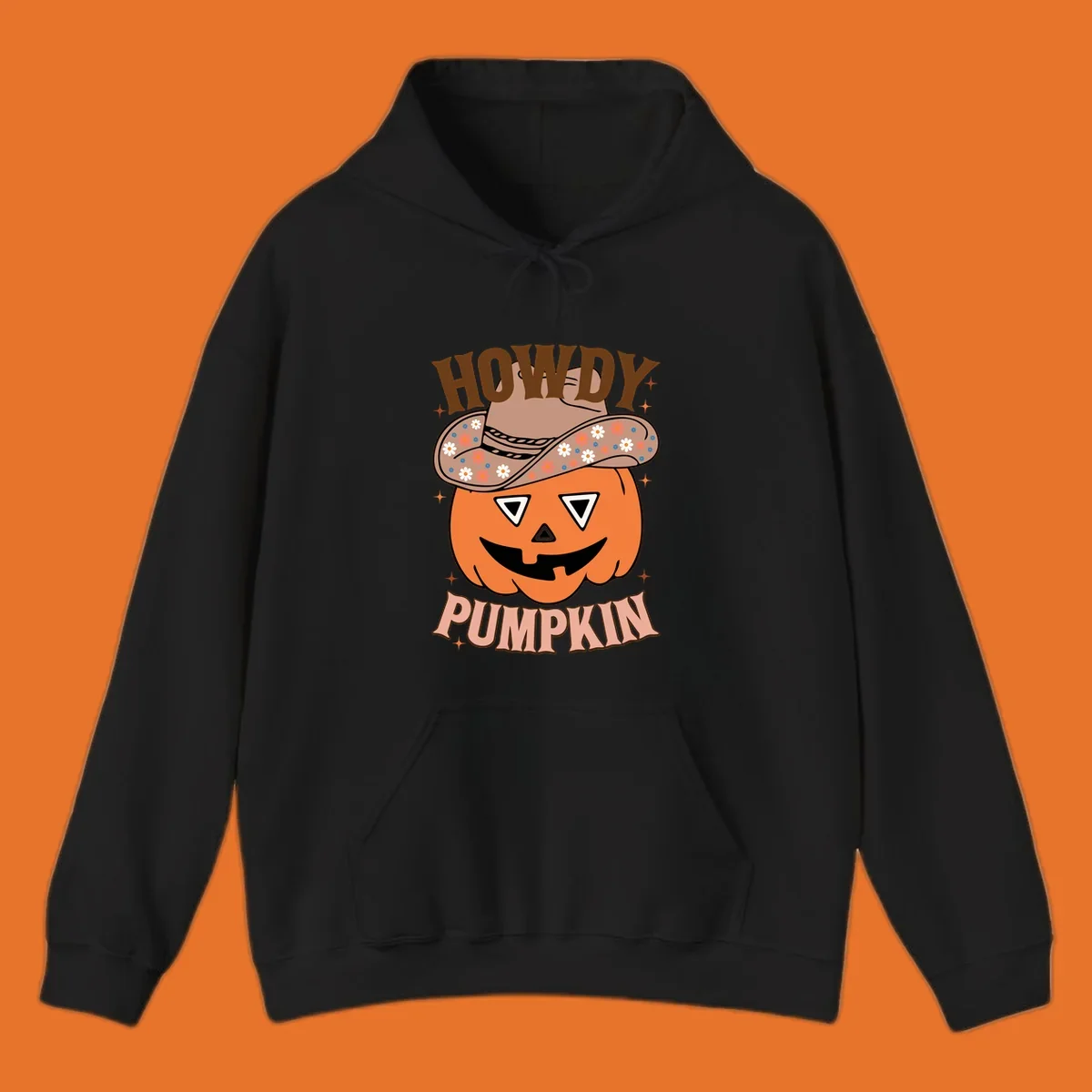 Howdy Pumpkin cowboy hat illustration for Halloween, with retro-style text and floral accents.