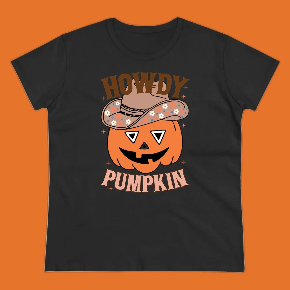 Howdy Pumpkin cowboy hat illustration for Halloween, with retro-style text and floral accents.