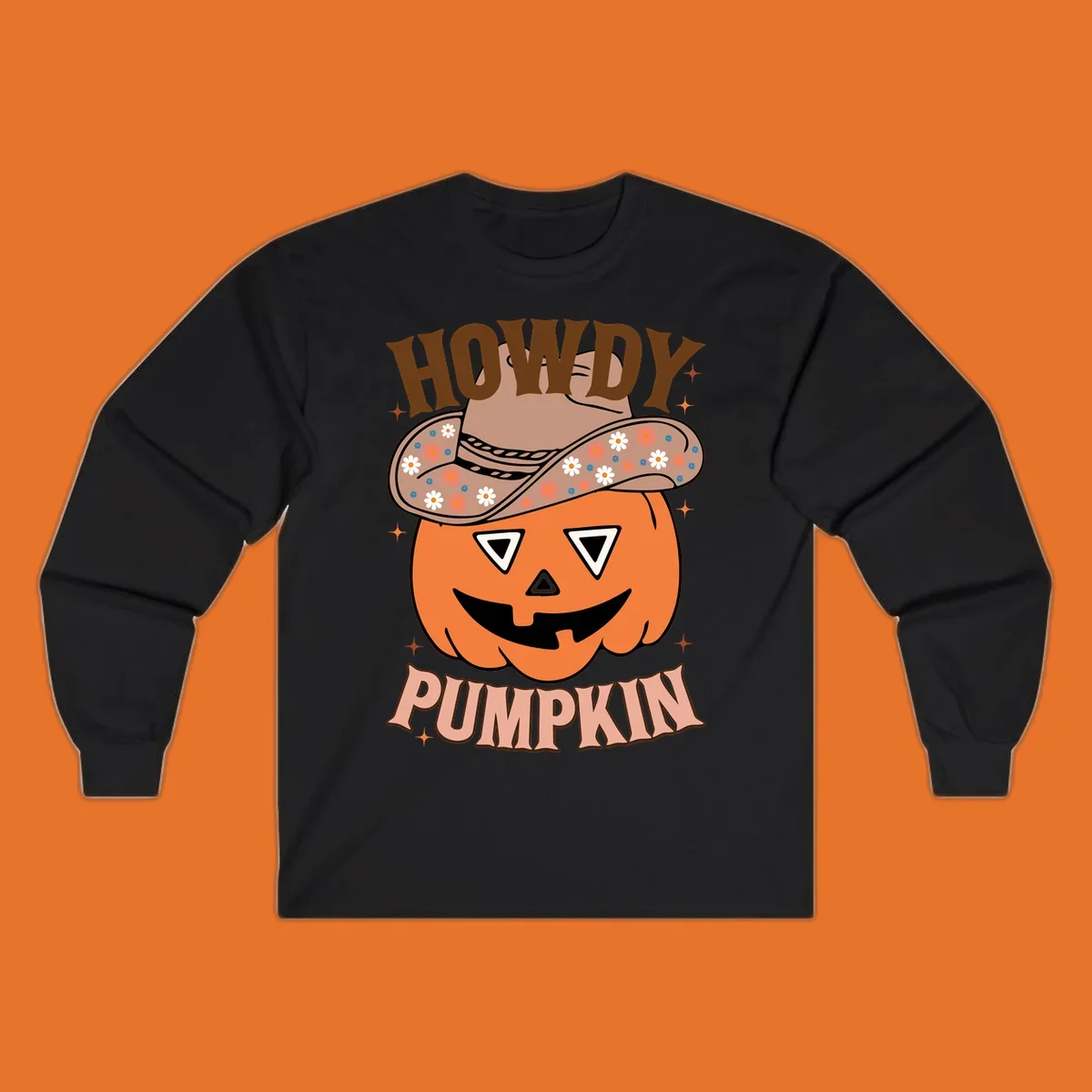 Howdy Pumpkin cowboy hat illustration for Halloween, with retro-style text and floral accents.